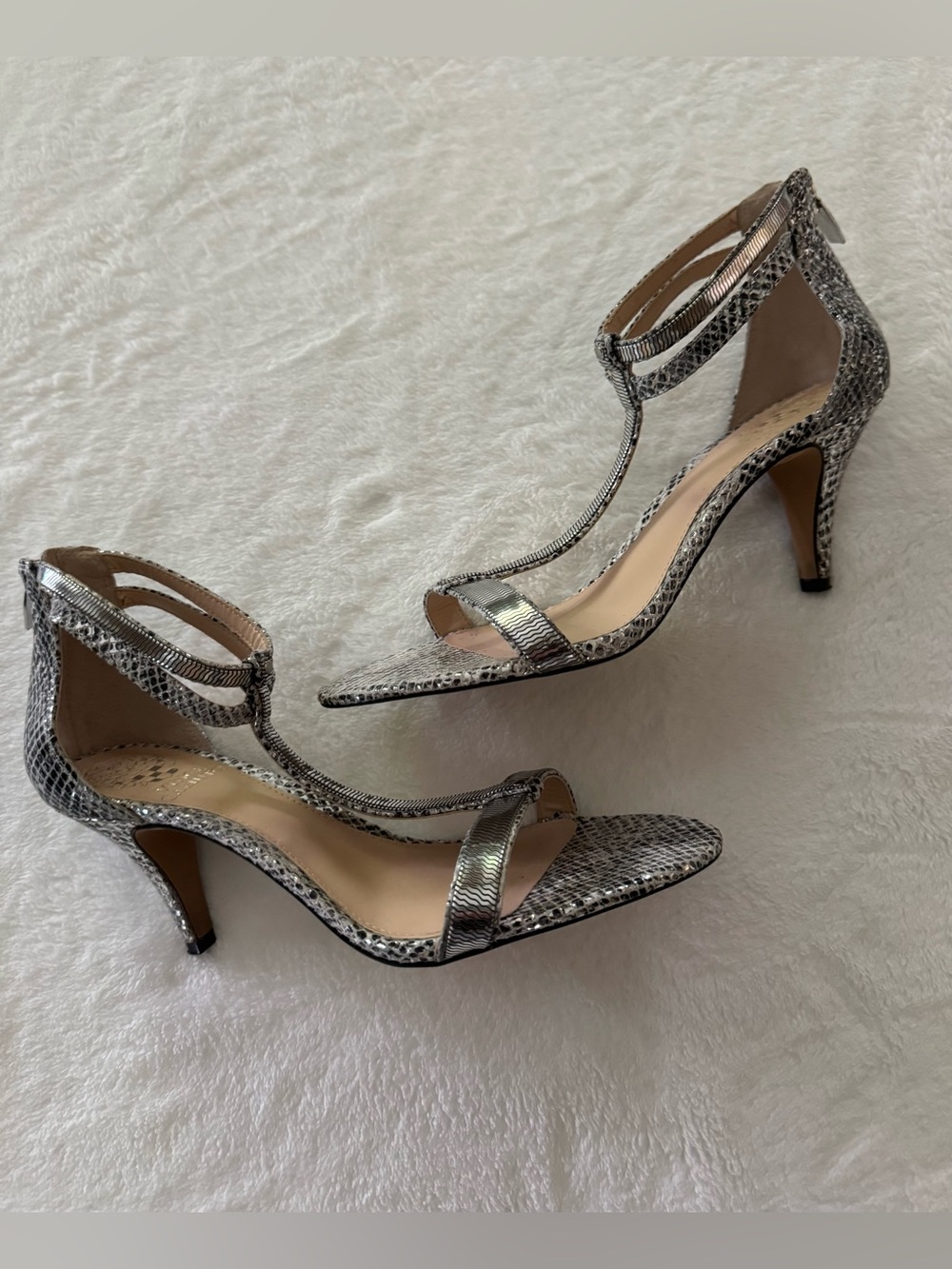 Vince Camuto Silver Snake-Print T-Strap Heels